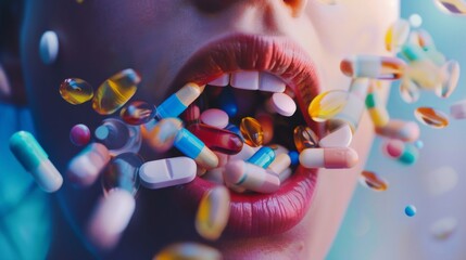 Woman with pills spilling out of her mouth, showing the harmful and destructive nature of drugs.