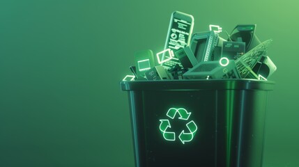 Recycling bin full of electronic waste, with eco-tech icons glowing against a bright green background.