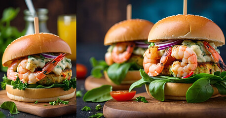 A gourmet burger with a grilled patty topped with cooked shrimps, garnished with fresh green leaves...