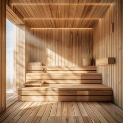 Fototapeta na wymiar Finnish Sauna Interior, Traditional Scandinavian Bathhouse, Beautiful Light Wooden Sauna SPA