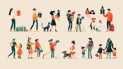 Fototapeta premium The illustration shows a cute holiday people element set isolated on beige background. There are pups, kids, and adults bringing gifts, greeting each other.