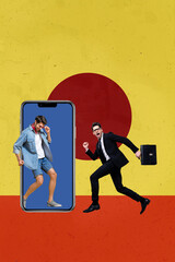 Vertical photo collage of angry businessman run late deal free time iphone screen casual guy pose shopping isolated on painted background