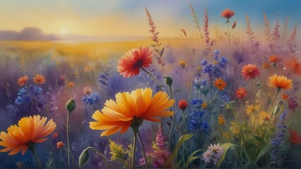 Fototapeta na wymiar Wildflower Wonderland: A Field of Vibrant Blossoms Bathed in Warm Sunlight