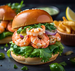 A gourmet burger with a grilled patty topped with cooked shrimps, garnished with fresh green leaves...