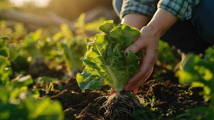 Fototapeta premium Farmer close-up holding and picking up green lettuce salad leaves with roots