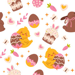 Fototapeta premium Seamless easter pattern with Easter cake and chocolate bunny. Easter eggs seamless pattern with hearts. Easter symbol, decorative vector elements. Easter colored eggs simple pattern.