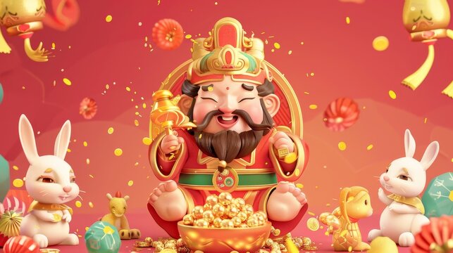 In this CNY caishen and rabbit illustration, the God of Wealth sits on a gold ingot surrounded by festive decorations, with cute rabbits flanking him. Text: God of wealth spreading good luck.