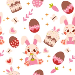 Gordijnen Seamless easter pattern with Easter cake, bunny, eggs and carrot. Easter eggs seamless pattern with hearts. Easter symbol, decorative vector elements. Easter colored eggs simple pattern. © m_matvi