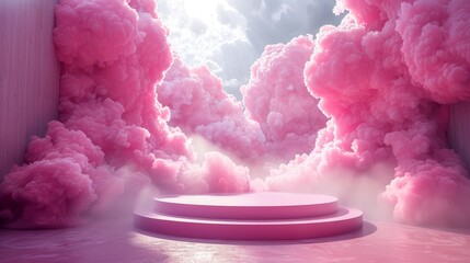 Surreal pink podium surrounded by ethereal clouds