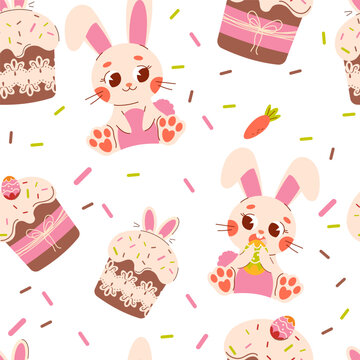 Seamless easter pattern with Easter cake, bunny and carrot. Easter eggs seamless pattern with hearts. Easter symbol, decorative vector elements. Easter colored eggs simple pattern.
