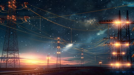 Electricity transmission towers with glowing orange wires against a starry night sky, depicting energy infrastructure - Concept of power supply, voltage management, and technological advancement
