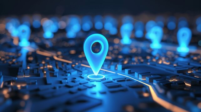Blue location pin icon prominently displayed on an urban city map, indicating specific geolocation and direction - Concept of navigation, geolocation technology, and urban planning
