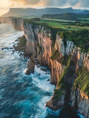Aerial view of a dramatic coastline with towering cliffs and crashing waves, ideal for themes of grandeur and awe. - obrazy, fototapety, plakaty