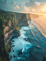 Fotobehang Aerial view of a dramatic coastline with towering cliffs and crashing waves, ideal for themes of grandeur and awe. © taelefoto
