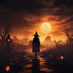 illustration of a witch standing in a filed of glowing pumpkins silh, Generative ai - obrazy, fototapety, plakaty