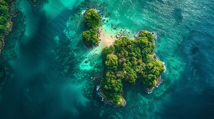 Bird's-eye perspective of a tropical island chain surrounded by turquoise waters, offering a sense of serenity and escape. - obrazy, fototapety, plakaty