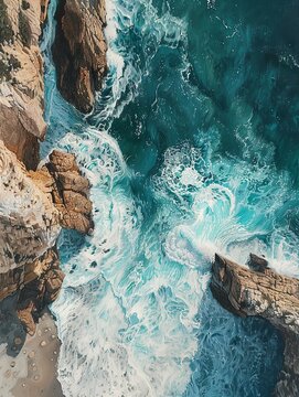Bird's-eye perspective of a coastline with waves breaking on rocky shores, suitable for themes of resilience and strength.