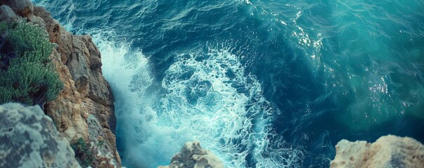 High-angle shot of waves crashing against rugged coastal cliffs, depicting the rugged beauty of the shoreline. - obrazy, fototapety, plakaty