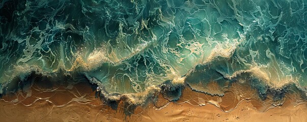 Top-down shot of cresting waves breaking on a sandy shoreline, evoking a sense of serenity and motion. - obrazy, fototapety, plakaty