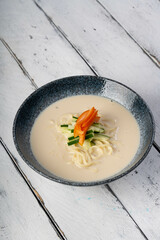 Korean cold soybean noodle soup also known as kongguksu 
