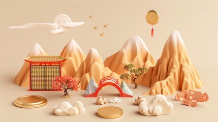Chinese screen, golden disc, willow branch, different material mountains, and more are included in this set of 3D oriental style decorations isolated on beige background.