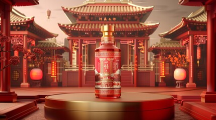 The display of a 3D replica of an exquisite oriental liquor bottle design is on a cylinder stage with a traditional Chinese architecture background. The text reads: Premium liquor. Baijiu.