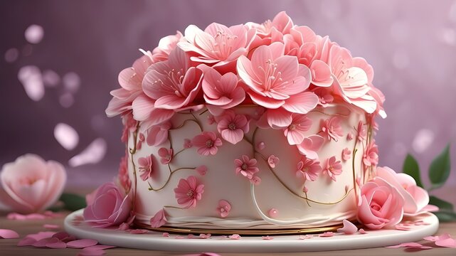 (((Cake with pink flowers))) A cake adorned with delicate pink flowers, Photorealistic Image, Realistic, Digital Illustration, Artists from Art Station, Dribble, and Deviantart, Close-up Shot, 70mm le