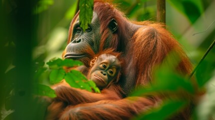 Endangered species sanctuary, a poignant scene of a mother orangutan with her baby, emphasizing...