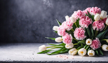 Beautiful bouquet with pink carnations and white tulips set on concrete background, blank wall on left side, copy space