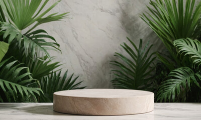 A stone platform in front of a dense jungle background foor product reveal - obrazy, fototapety, plakaty