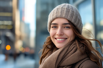 A woman in a winter hat and scarf smiling. - Powered by Adobe