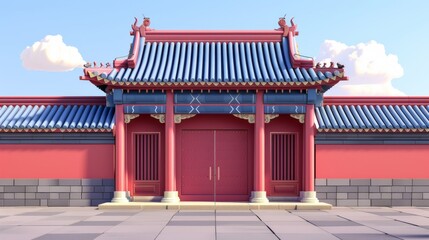 Fototapeta premium In this 3D illustration, a classic Chinese design structure is seen with a red wall, grey blue tiles and a roof.