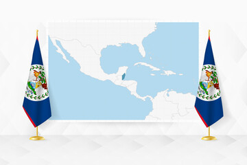 Map of Belize and flags of Belize on flag stand.