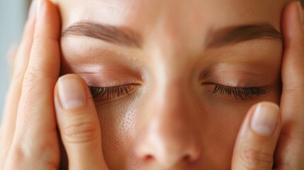Close-up of a facial massage, focusing on delicate pressure around the eyes and temples, promoting lymphatic drainage