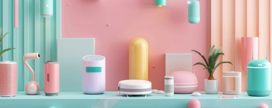 3D pastel oasis with clay-rendered smart speakers, robot vacuums, and portable ACs