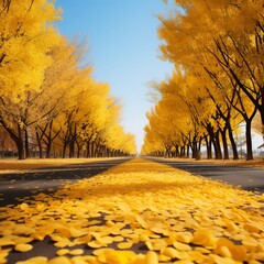 illustration of autumn gingko boulevard ginkgo trees on both sides, Generative ai