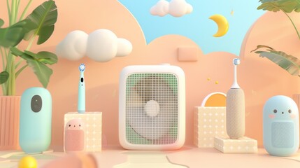 3D showcase featuring a cute portable AC, electric toothbrush, and smart speaker