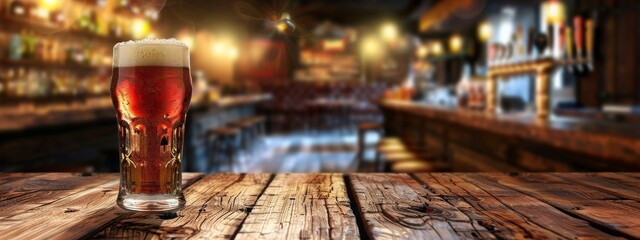 Glass of  beer on wood table in pub. Blur backround. Copy space. Banner. 