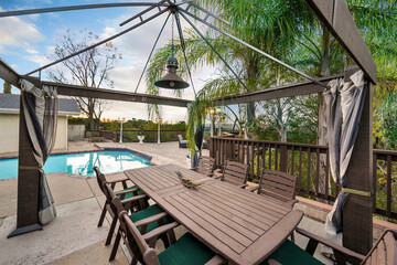 Backyard with a pool, patio, and gazebo in Encino, CA