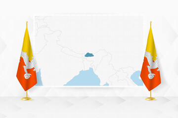 Map of Bhutan and flags of Bhutan on flag stand. - 782029544