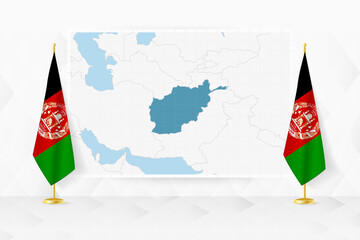 Map of Afghanistan and flags of Afghanistan on flag stand.