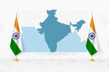 Map of India and flags of India on flag stand.