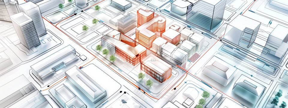 detailed, technical blueprint showcasing urban planning and city zoning. layout of city, including residential, commercial, industrial zones and transportation routes and green spaces.
