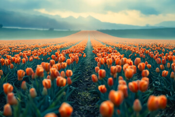 Field of orange tulips with foggy background. - obrazy, fototapety, plakaty