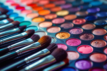 Makeup brushes and eyeshadows in row. - obrazy, fototapety, plakaty