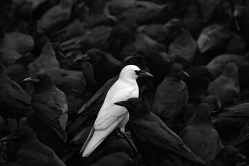 White bird is standing in crowd of black birds.