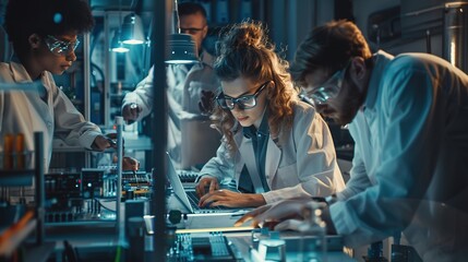 Diverse Young Group of Engineers Working in a Startup Company Lab. Project Managers Discuss Manufacturing Using Laptop Computer While Female Specialist Checking on Electronic Circuit Using