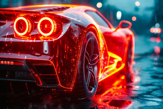 Red sports car in the rain.