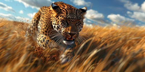 Wildlife Action Photography of Leopard in Grassland, Intense Leopard Chase Captured in Vast Grassland