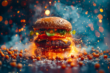 Burger with fire and smoke on black background.